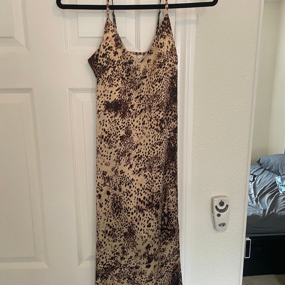 XS Melloday Leopard Satin Slip Midi Dress